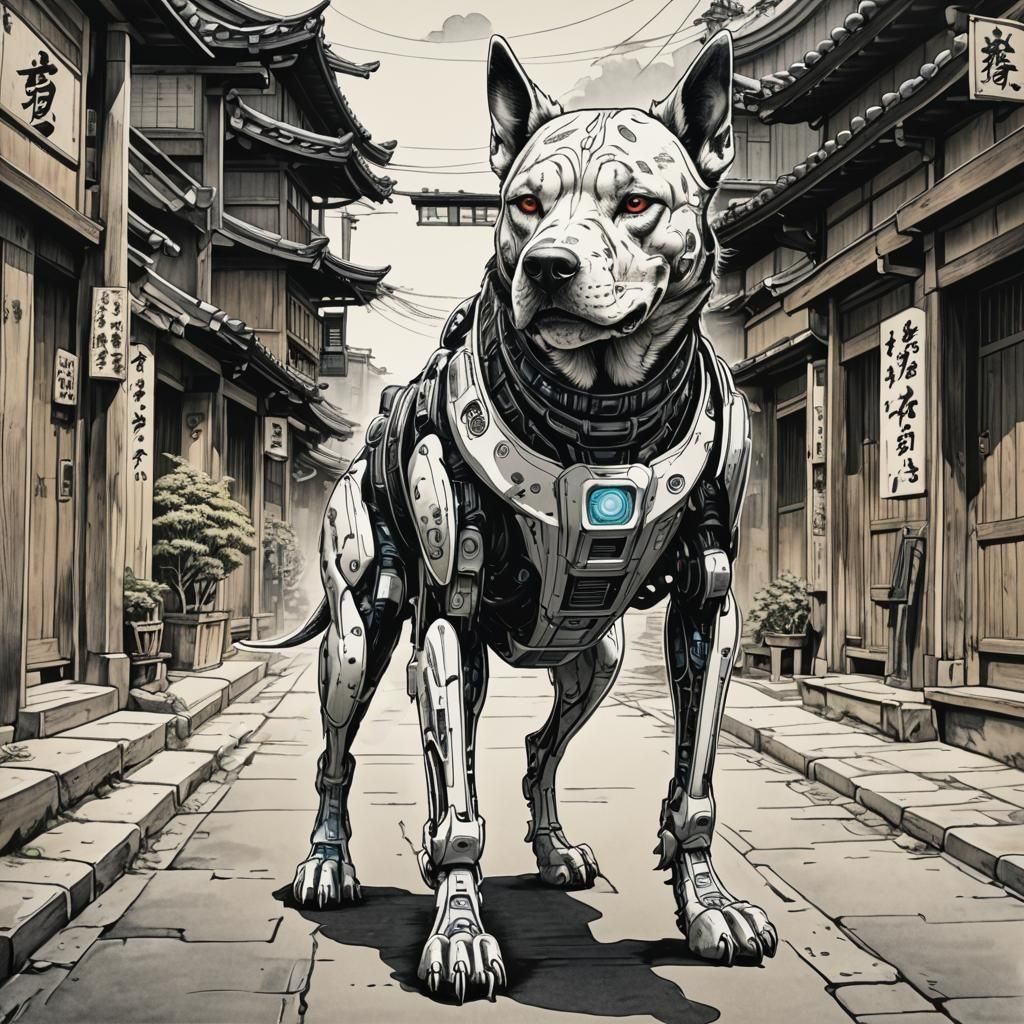 Cyborg Dog Walks Through Ancient Japanese Town