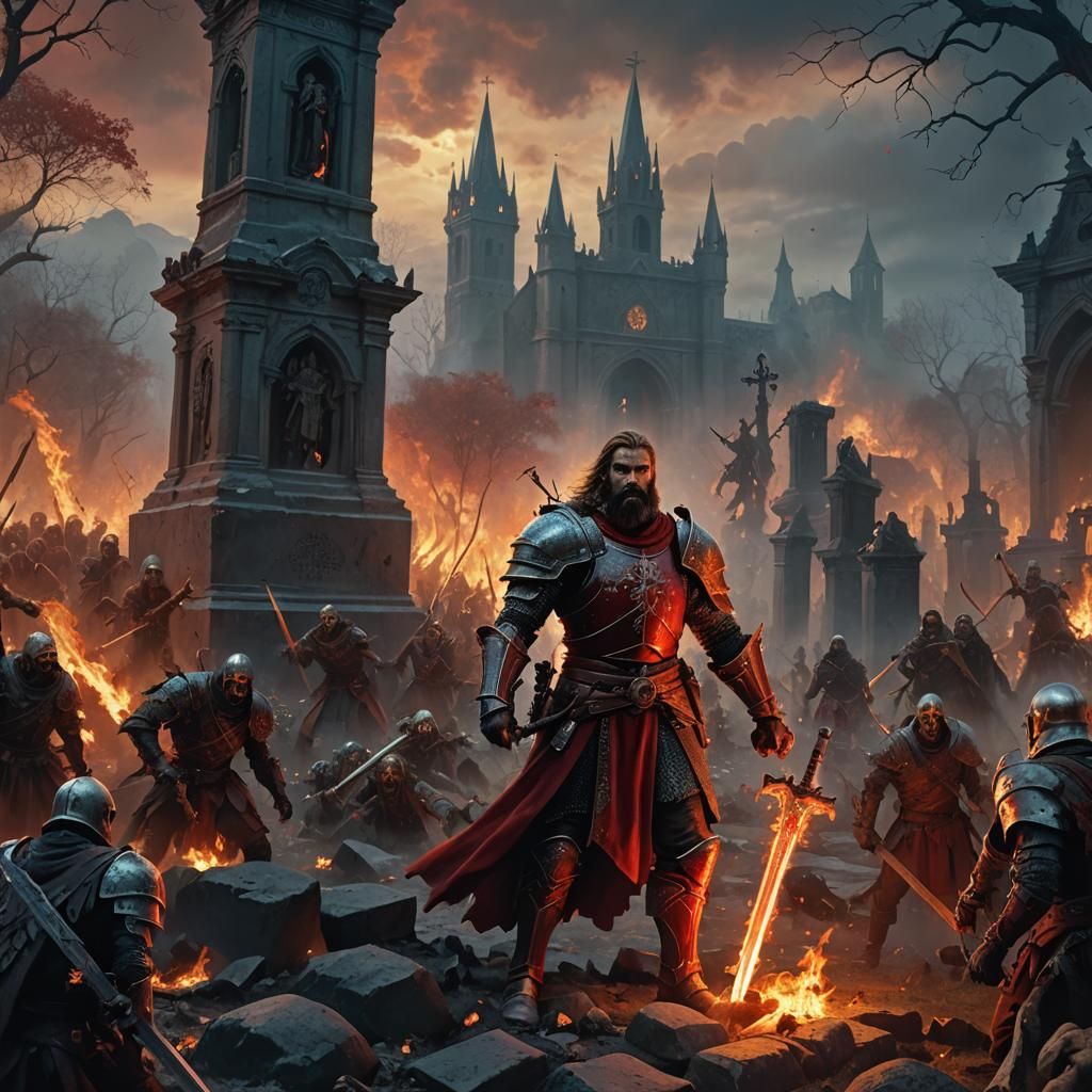 Knight with Flame Sword in Zombie Graveyard