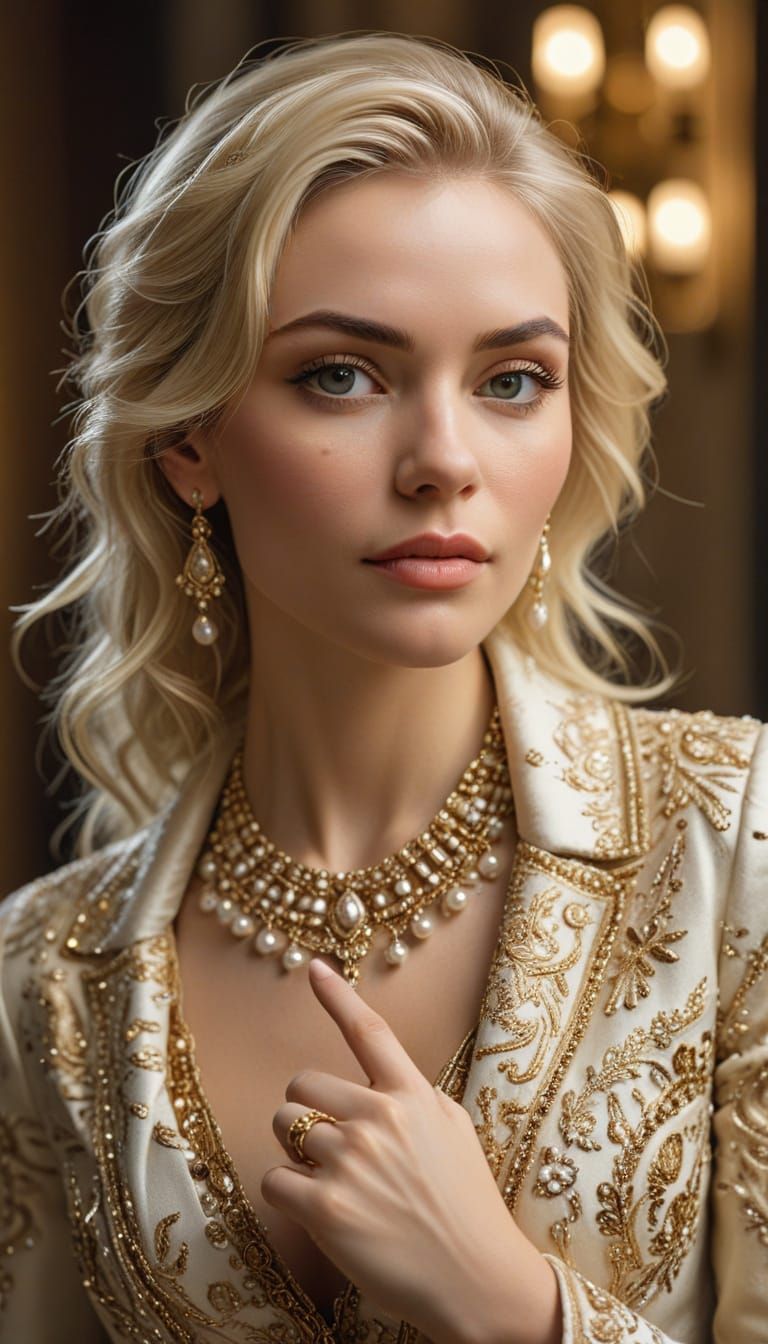 Elegant Woman with Platinum Blonde Hair and Gold Jewelry