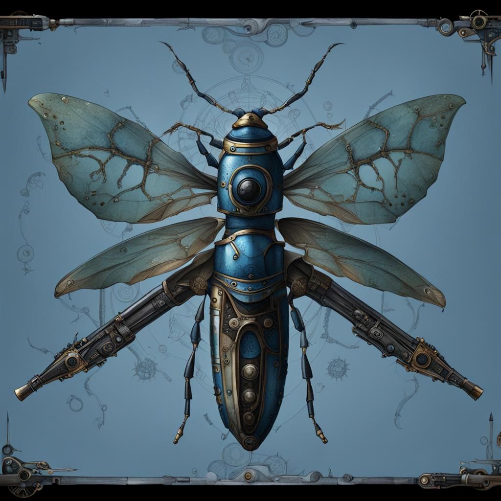 Blue print of a weaponised steampunk insect