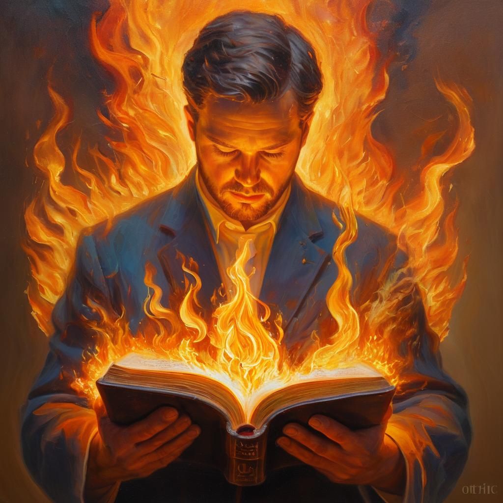 Flaming Bible: A Surrealist Oil Painting