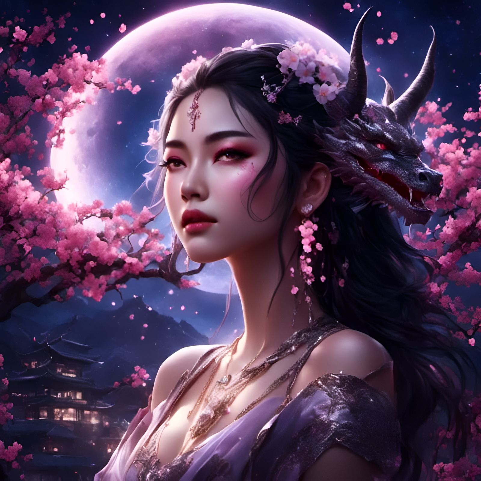 Moonlit Dragon Girl Portrait with Cherry Blossoms