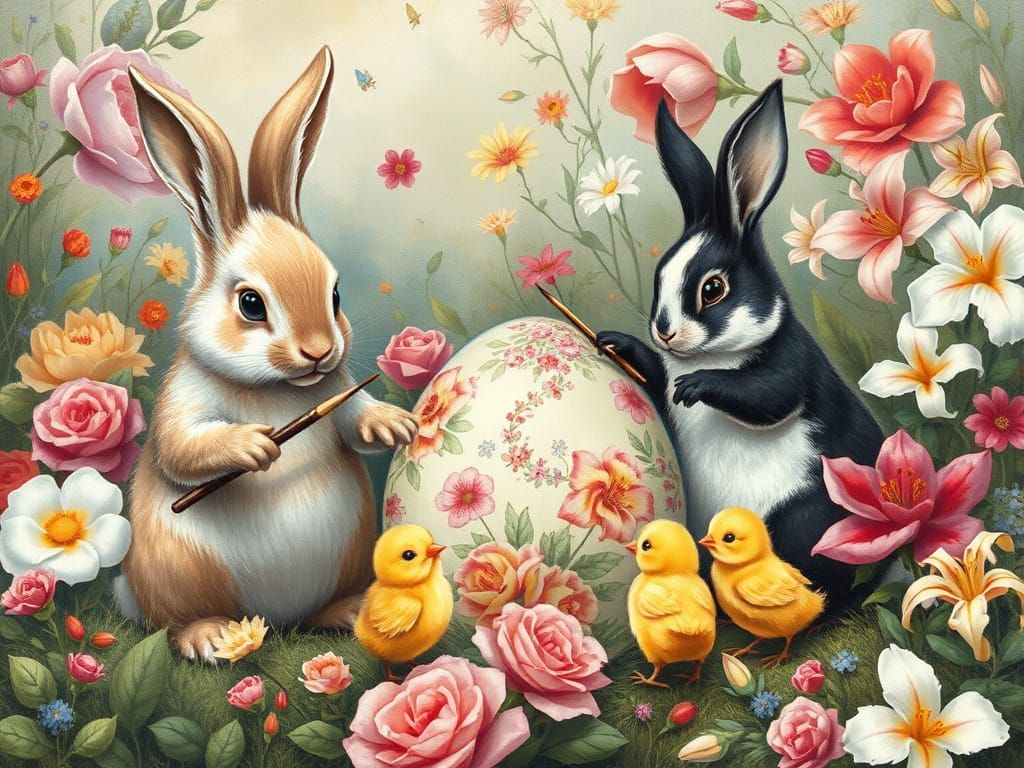 Bunnies and Chicks Painting Easter Eggs, Gouache Style