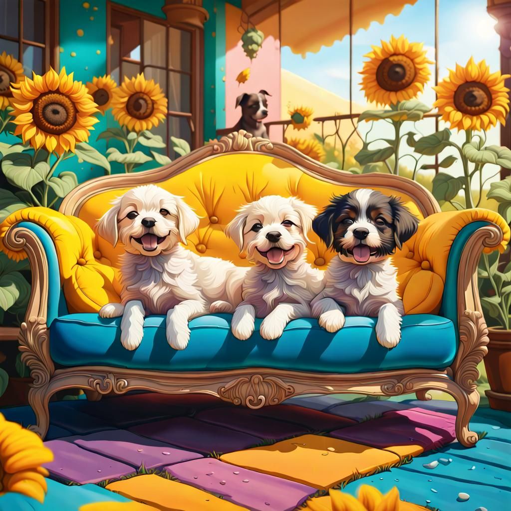 Puppies Relaxing on Lavish Couch in Sunflower Field
