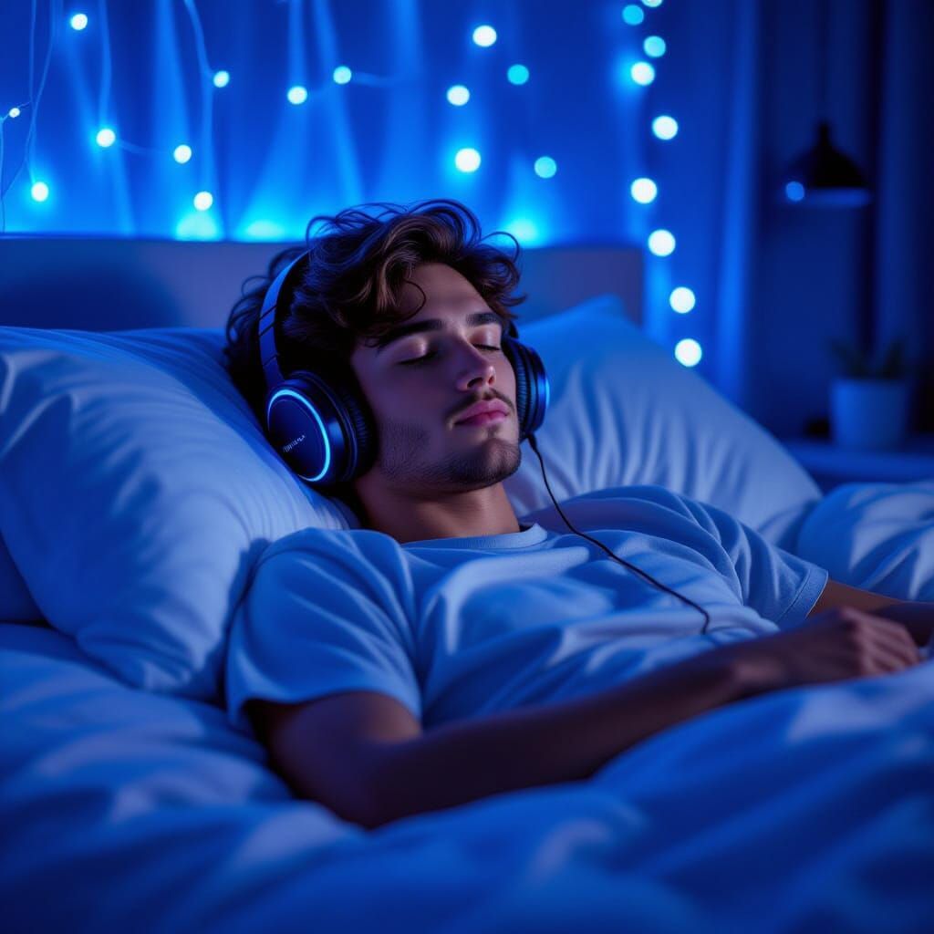 Young Man on Bed with Blue LED Lights in Fantastical Room