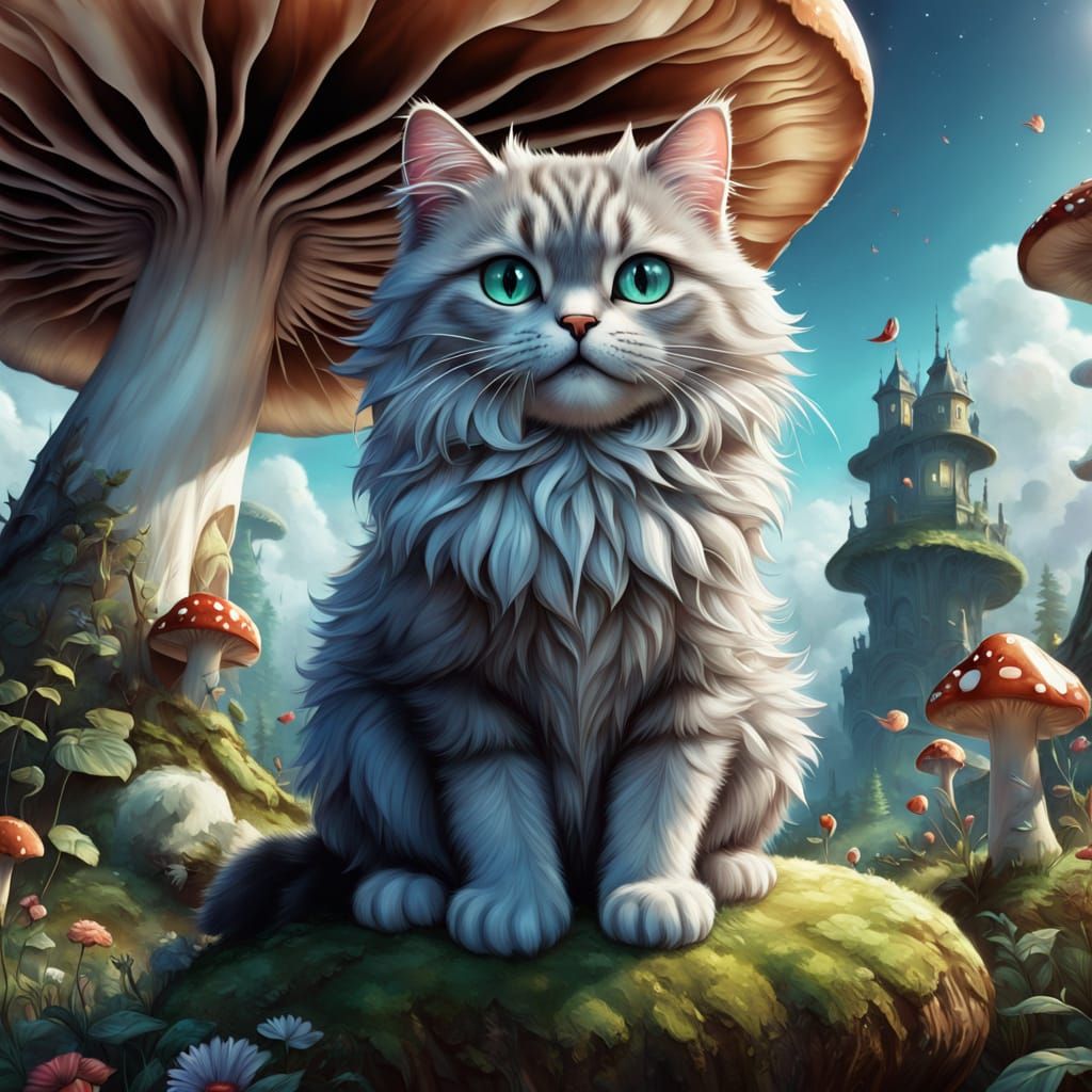 Two Fluffy Cats in Love on a Mushroom, Whimsical Fantasy Art