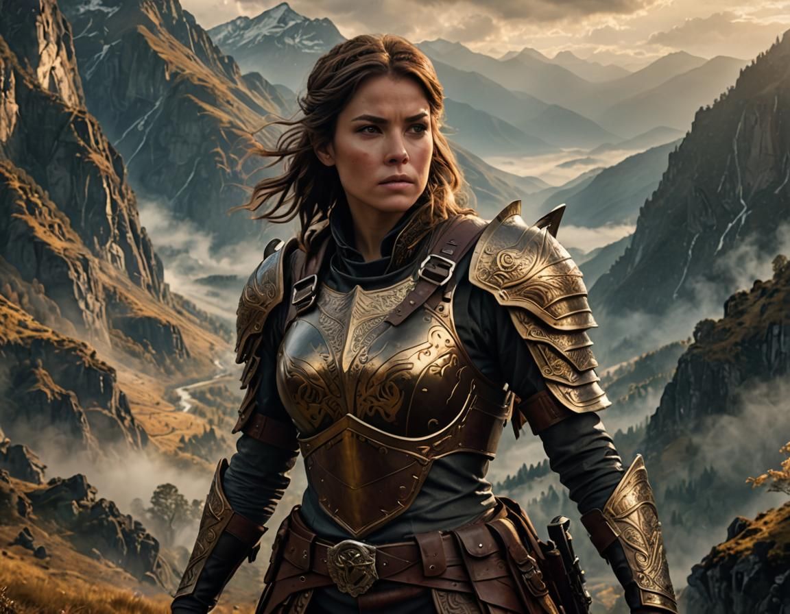 Epic Female Warrior in Misty Mountains, Digital Art