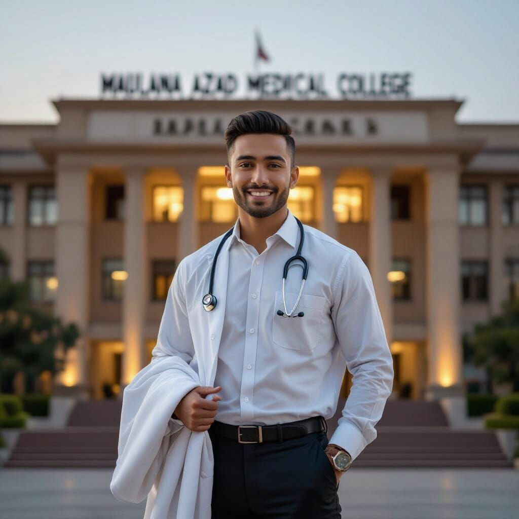Young Doctor Poses Confidently at Medical College