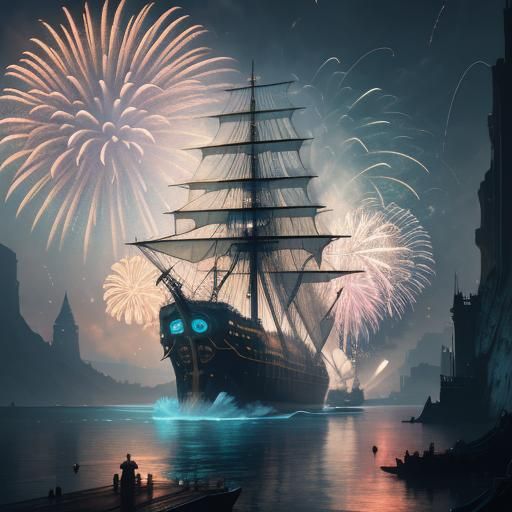 Neon Airship Sails Through Fireworks Whirlpool