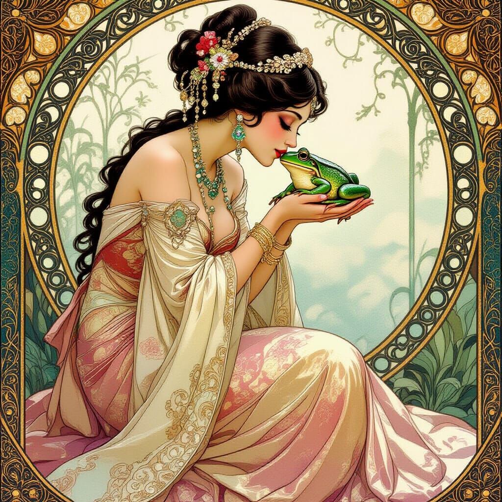 Courtesan Kissing a Frog in Art Nouveau Style