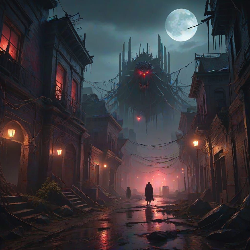 Menacing Presence in Abandoned City Under Crimson Moonlight