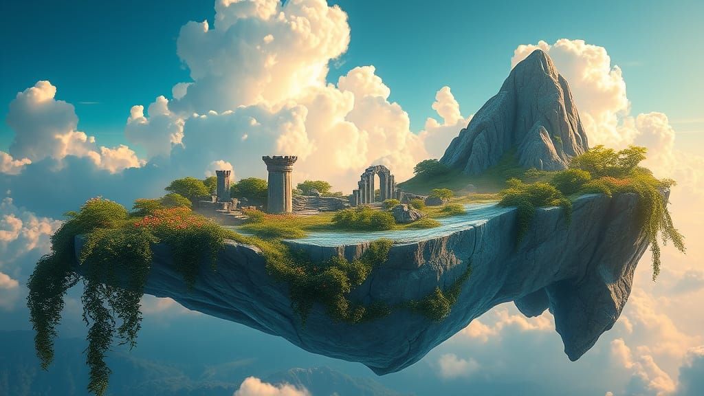 Mystical Floating Island in Vibrant, Dreamlike Landscape