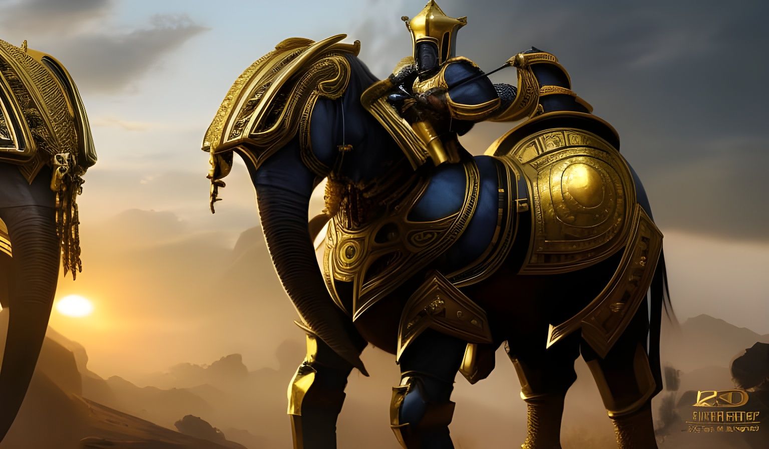 Golden Elephant Knight in Medieval Battlefield Scene