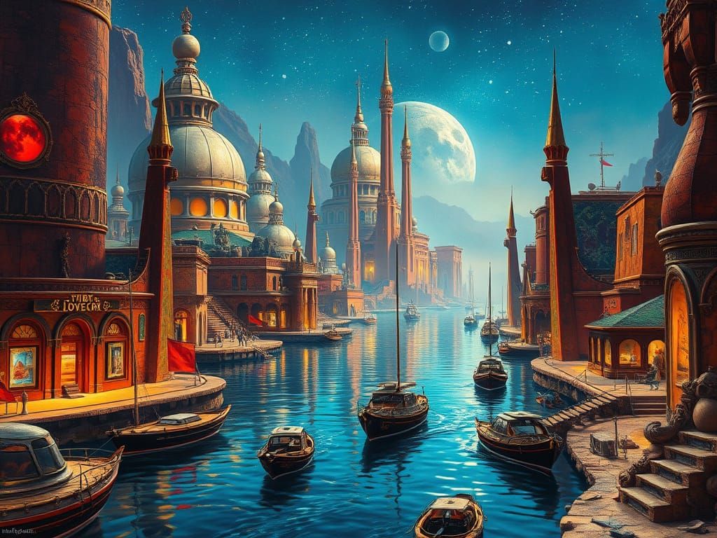 Ancient Martian Metropolis in Vibrant Oil Painting