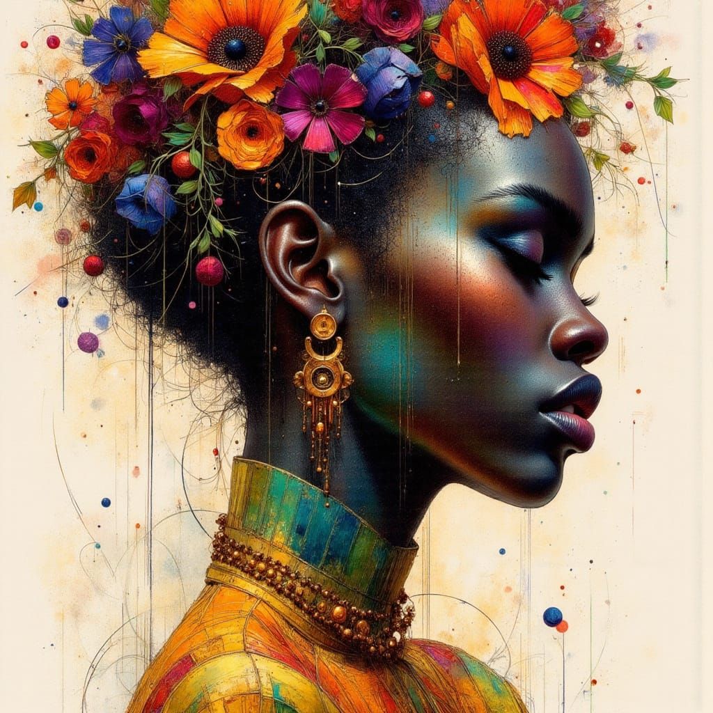 Dark skin tone Black woman.  Vibrant detailed Watercolor and ink. Surreal. Emotional. Whimsical.  By Anna Silivonchik an...