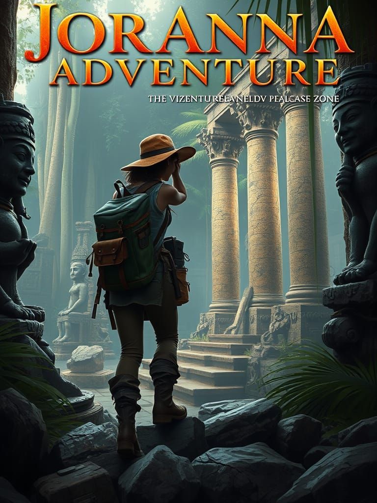 Female Explorer Navigates Jungle Ruins in Digital Painting S...
