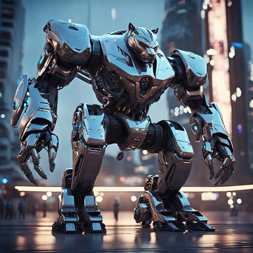 Futuristic Robot Panther in Sci-Fi City