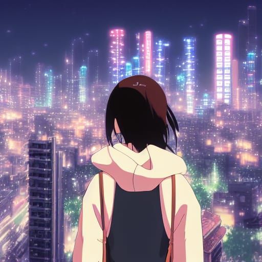 Anime Girl in Cityscape, Makoto Shinkai Style