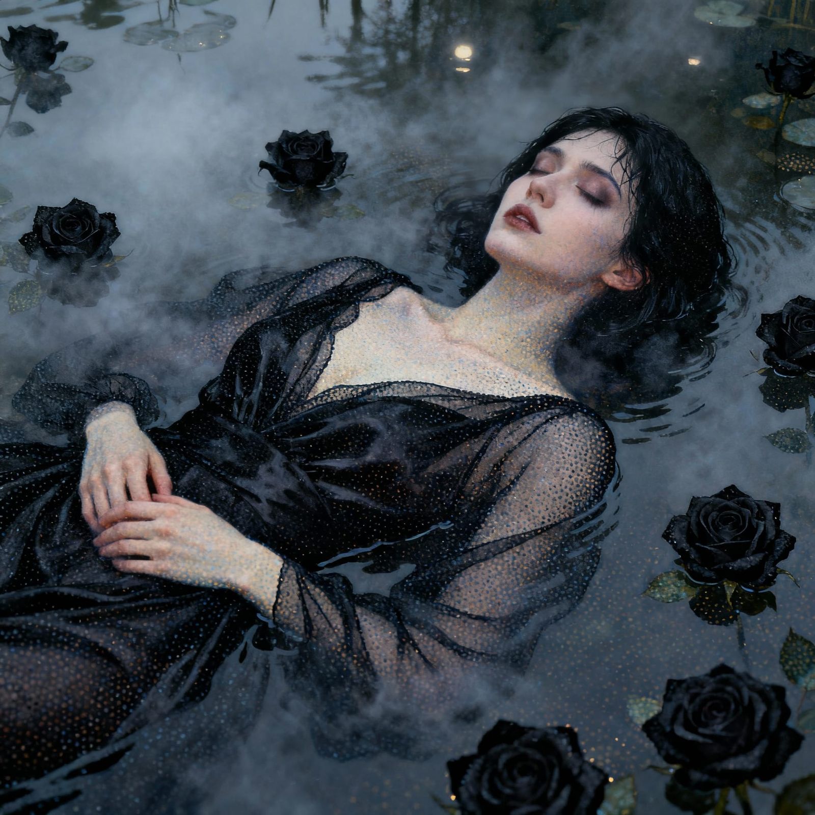 Woman in Black Silk Gown on Misty Pond, Pointillism Style