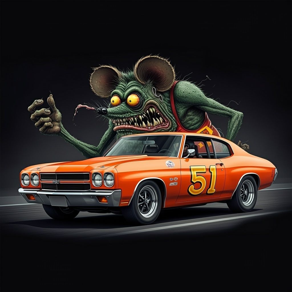 Rat Fink Drives 1970 Chevelle in Ed Roth Hot Rod Art Style