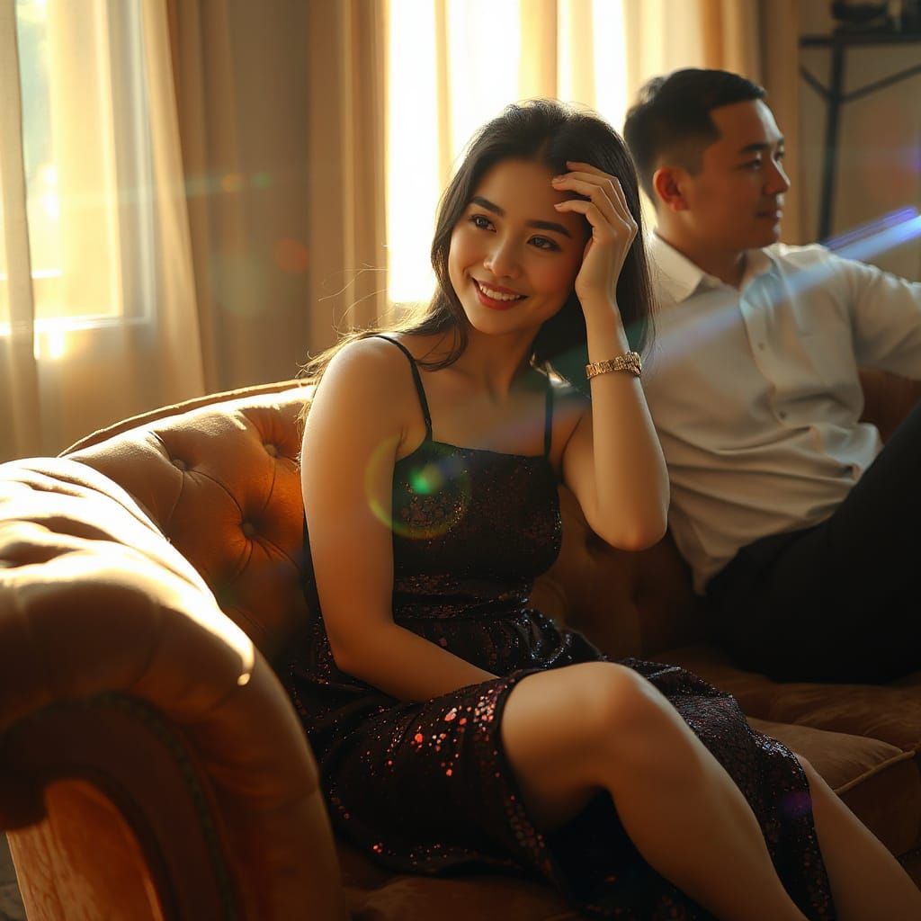 Indonesian Woman in Sequins on Velvet Sofa