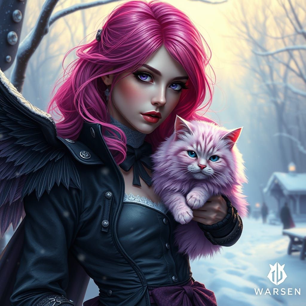 Gothic Victorian Woman with Pink Cat in Winter Wonderland