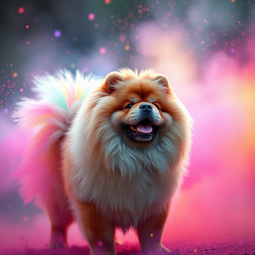 Majestic Chow Chow Amidst Whimsical Rainbow Powder