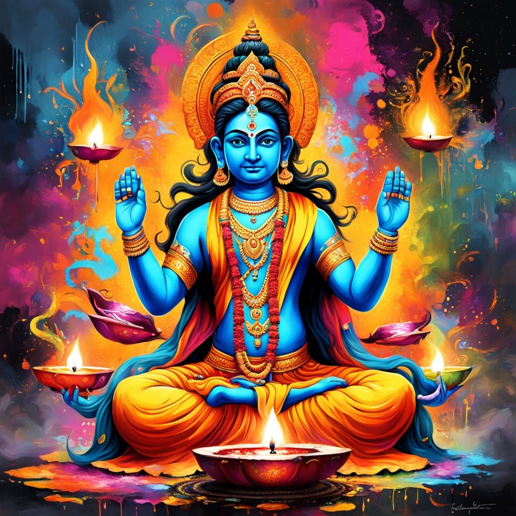 Vibrant Hindu Deities Celebrate Deepawali in Graffiti Style