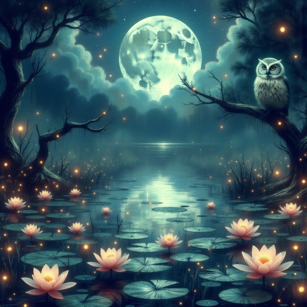 Moonlit Pond: Serene Fantasy Concept Art