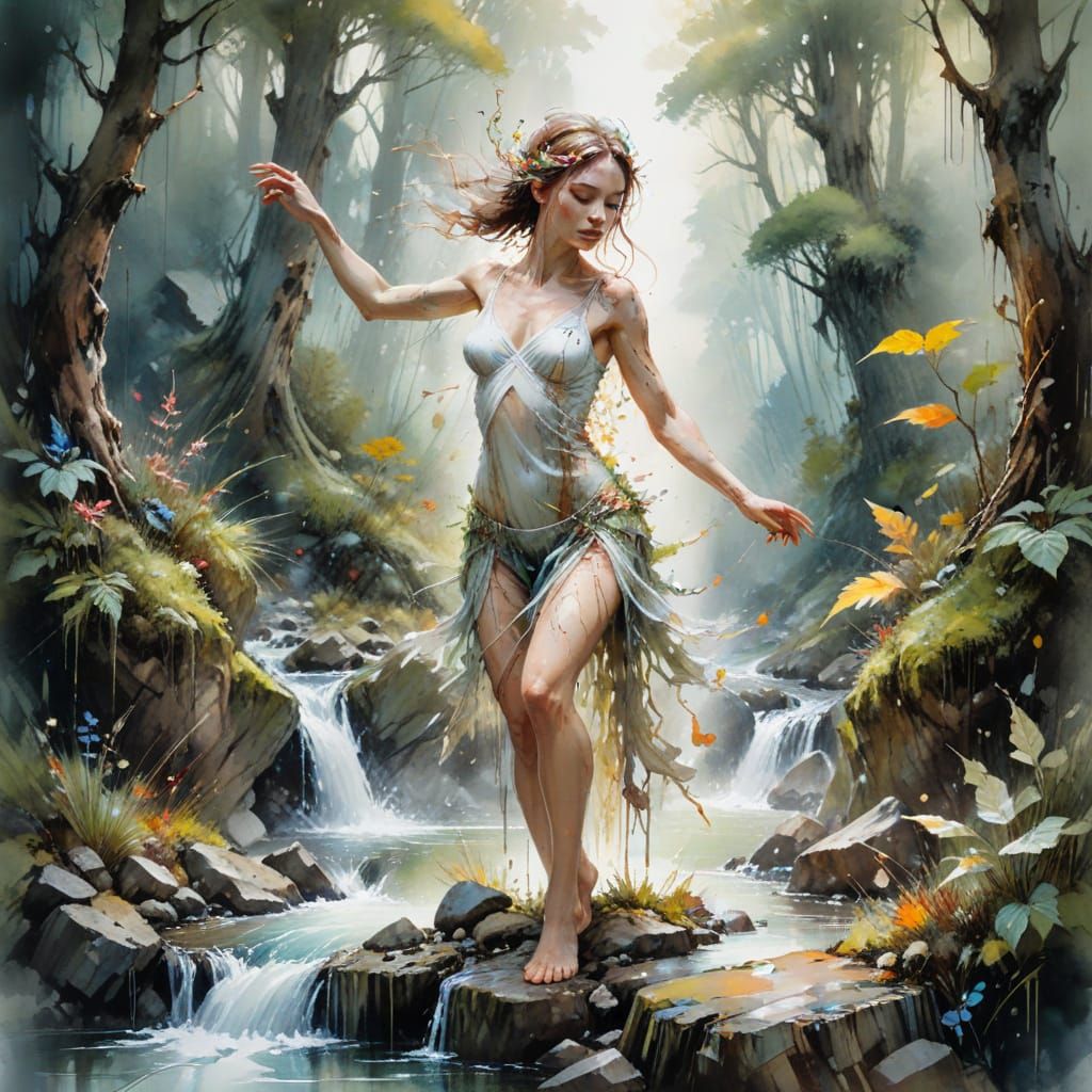 Earth Dryad Dancing in Forest Stream: Watercolour Art