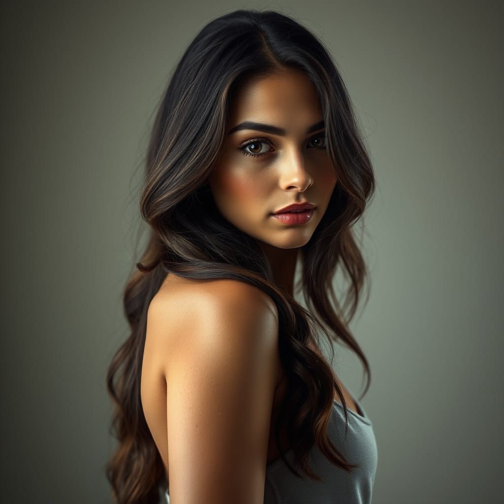 Serenely Confident Brunette in Twilight Hues