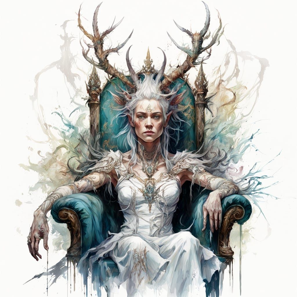 Portrait Diaphanous majestic white horned Utuk'ku Norn Queen, Dragonbone Chair, oils, fantasy, in the art style of Carne...