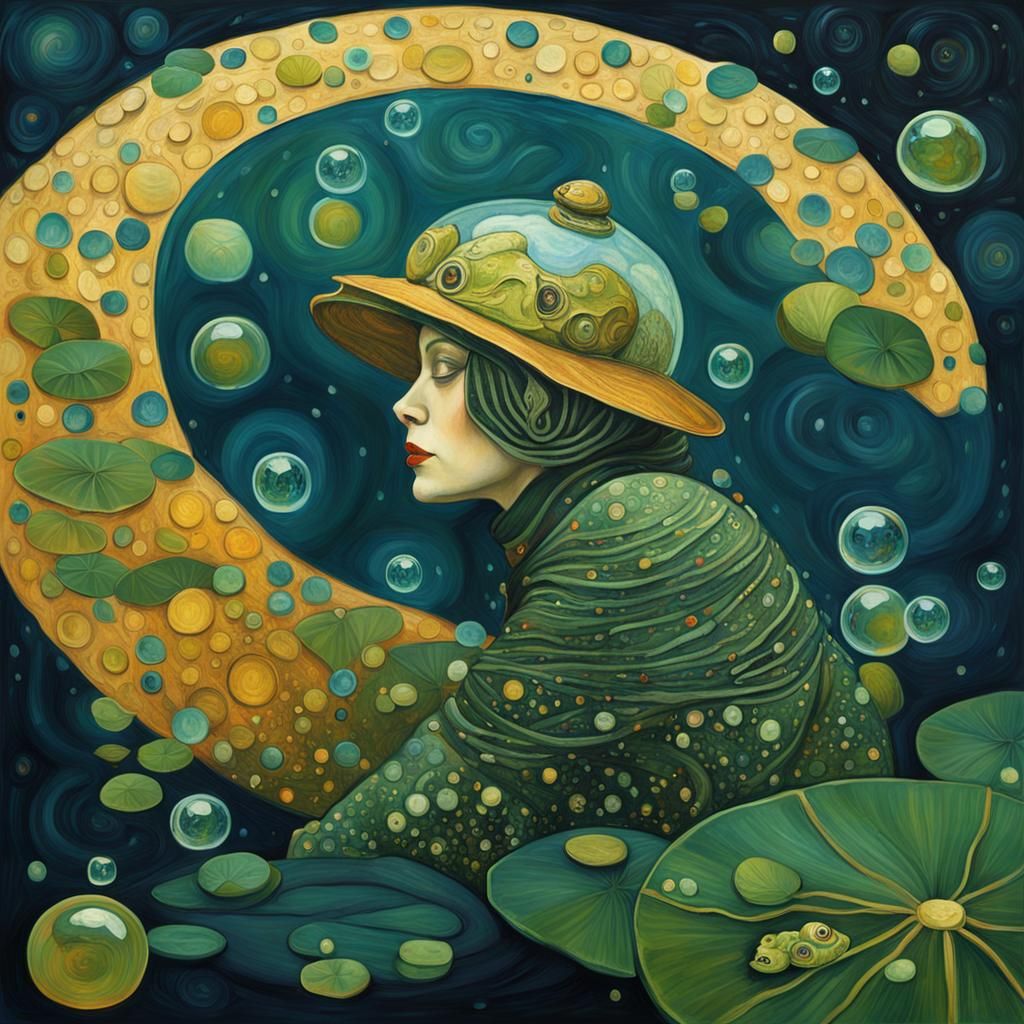 Lily pads in the style of Gustav Klimt, drifting in outer sp...