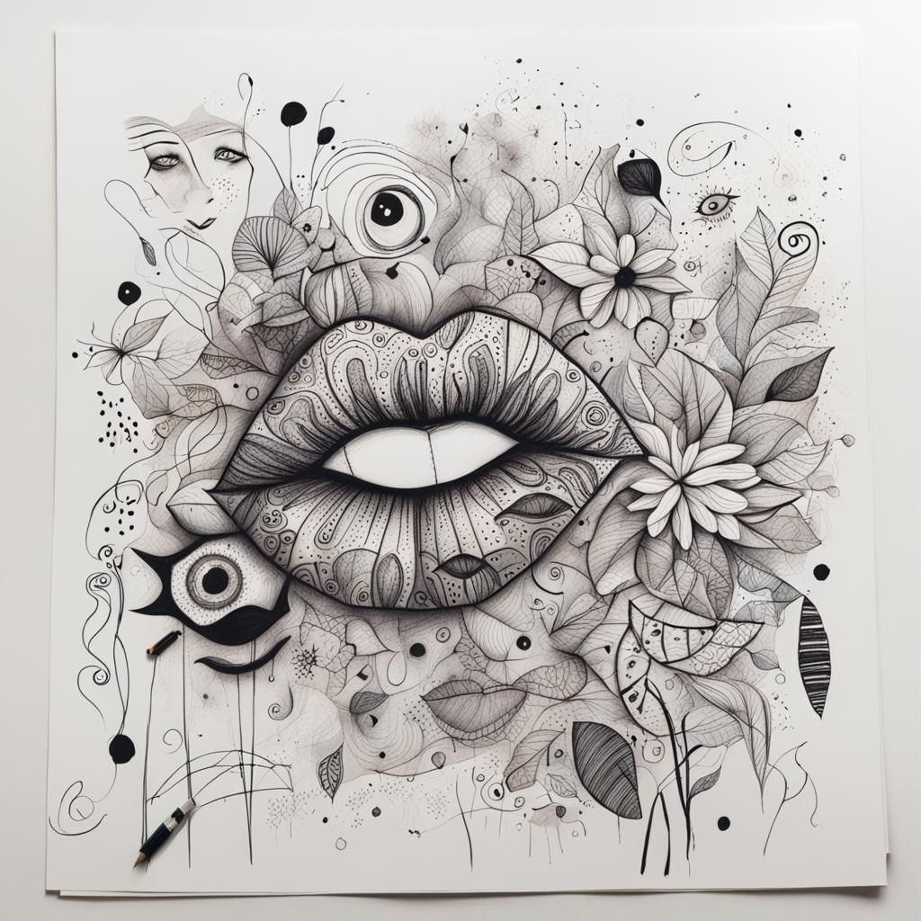 Abstract Pencil Drawing of Lips, Petals, and Eye