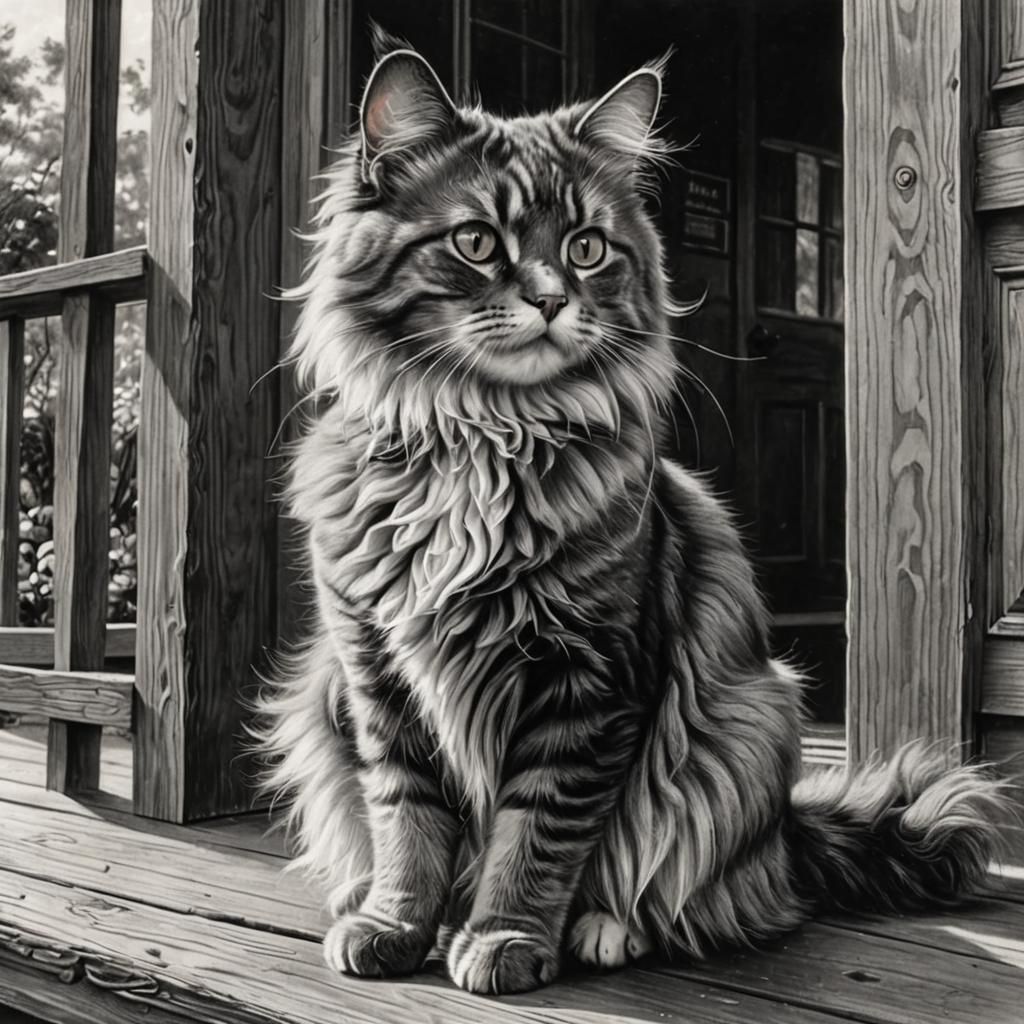 Epic hyperdetailed charcoal drawing, adorable fluffy cat on a porch in the wind