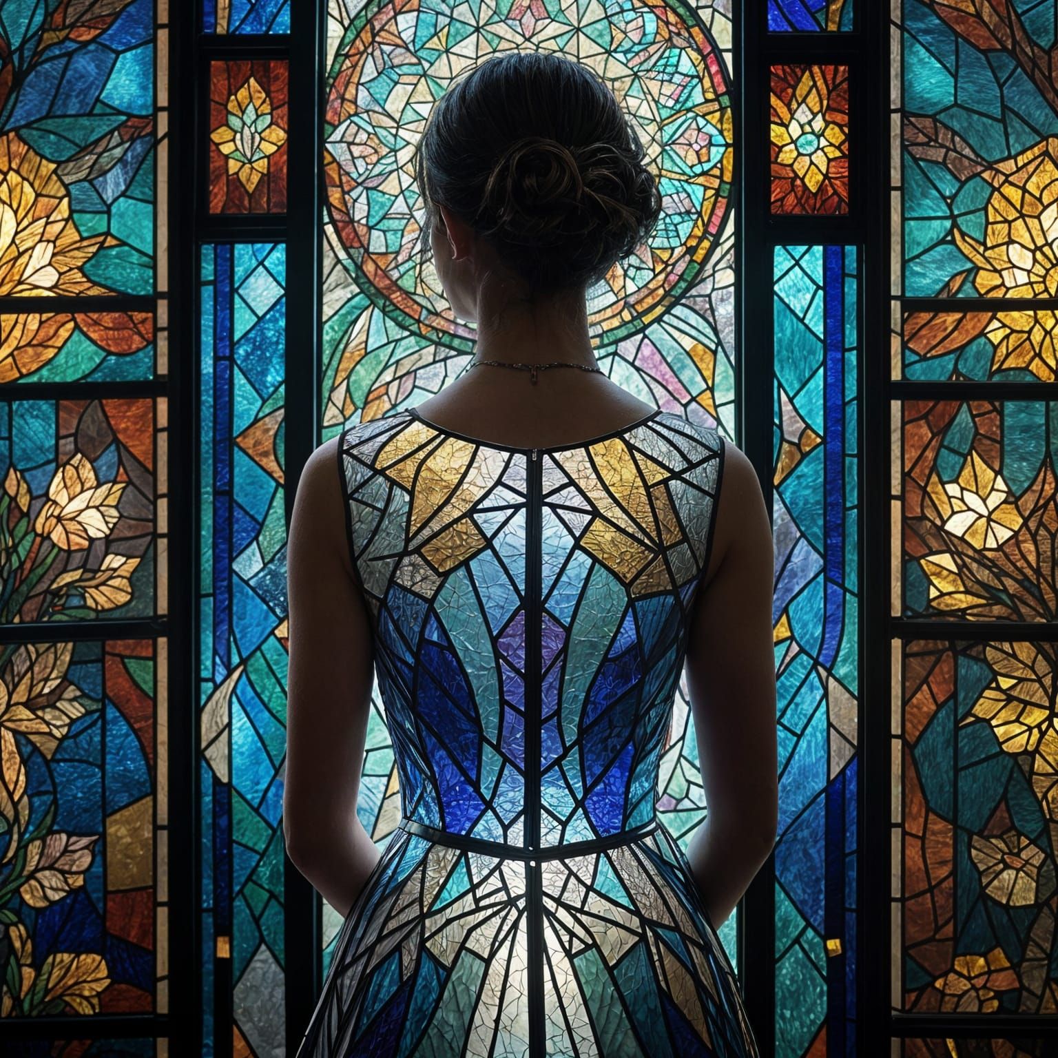 Woman in Stained Glass Dress Under Cinematic Lighting