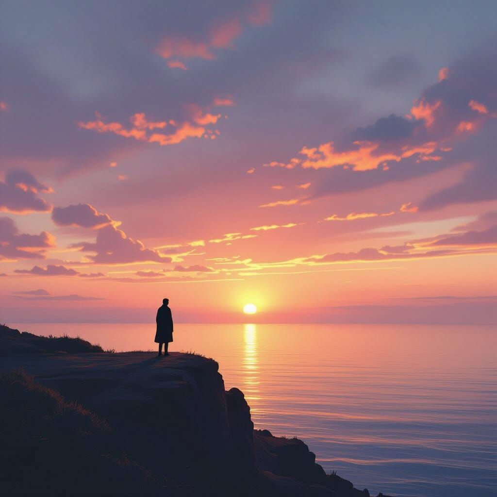 Solitary Figure on Cliff at Sunset Over Calm Sea