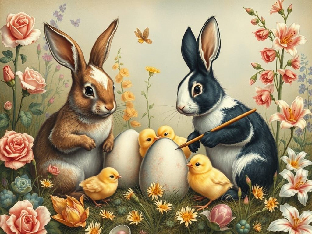 Rabbits and Chicks Painting Easter Eggs