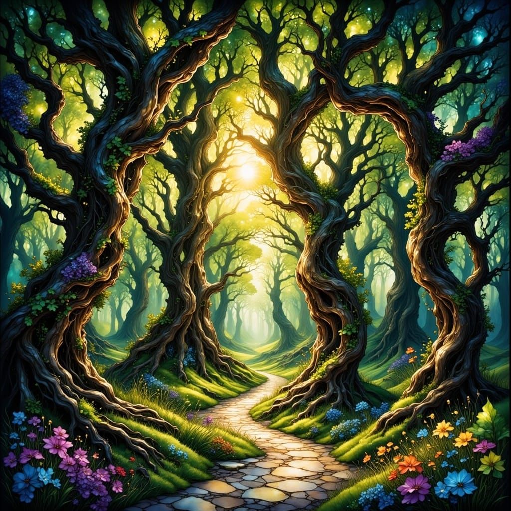 Enchanted Forest Path with Twisting Vines