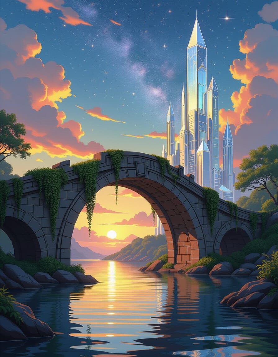 Ancient Bridge Merges with Futuristic Crystal Structure