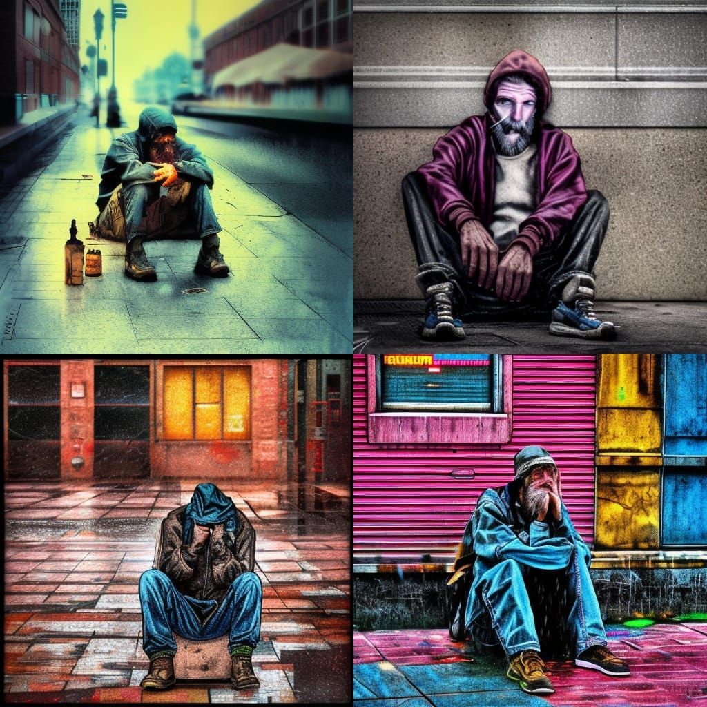 Homeless Man's Regret: Steampunk Cyberpunk Oil Painting