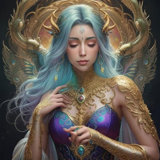 Golden Woman Embracing Dragon in Ethereal Landscape