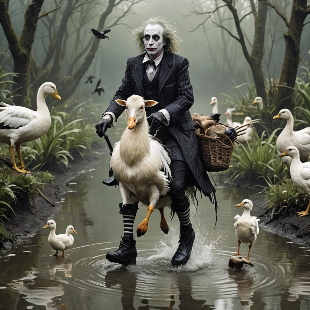Beetlejuice Rides Duck-Goat in Ethereal Fantasy