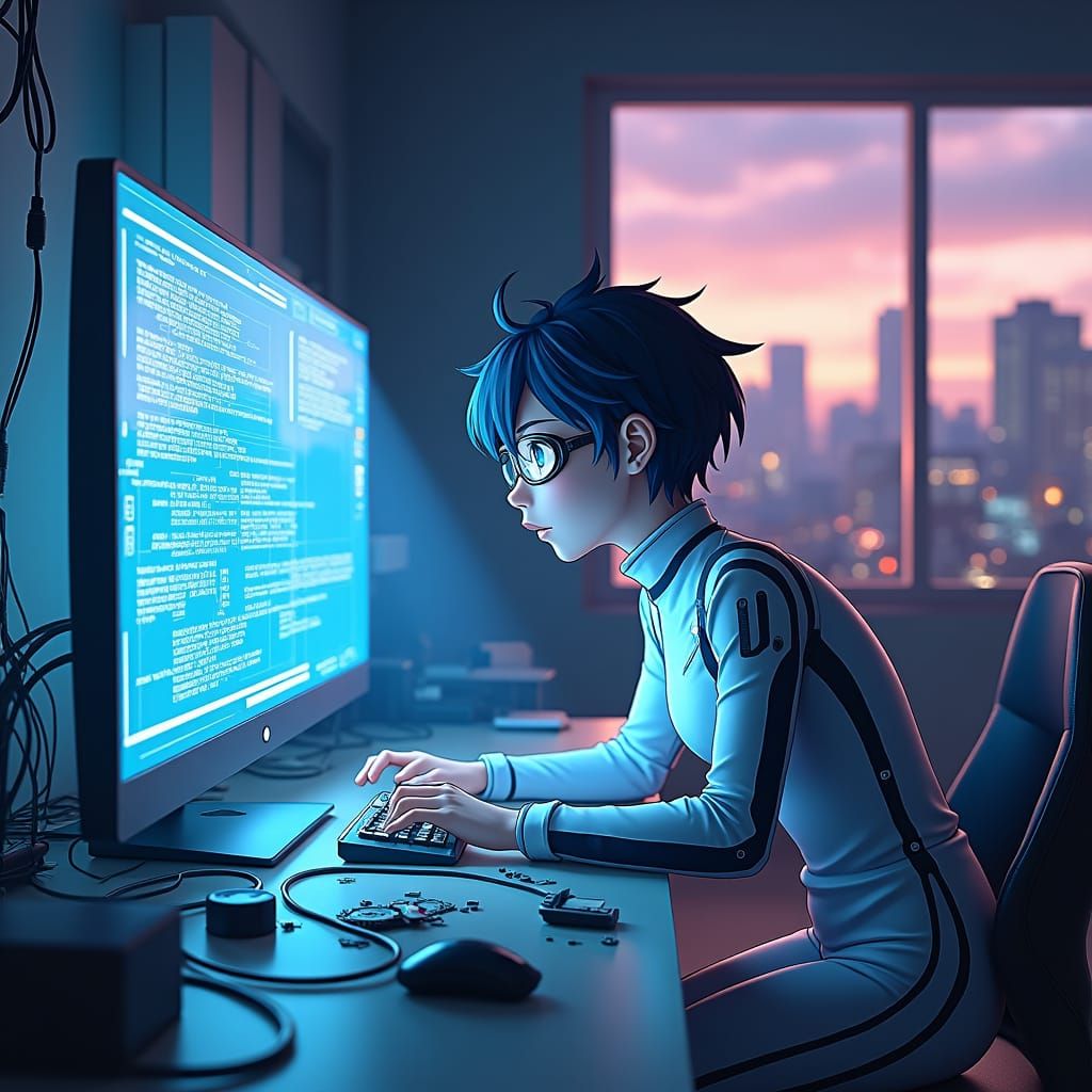Anime Heroine Hacking Holographic Interface in 3D