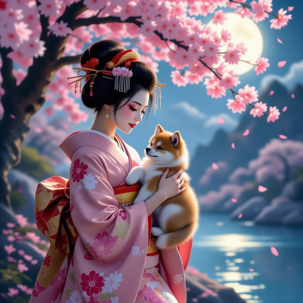 Geisha Cradles Shiba Inu Under Cherry Blossoms