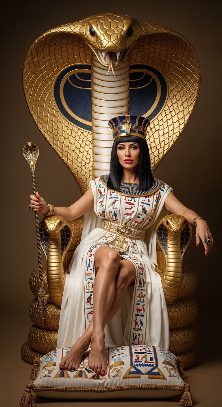 Egyptian Queen on Gold Cobra Throne, Photorealistic Style