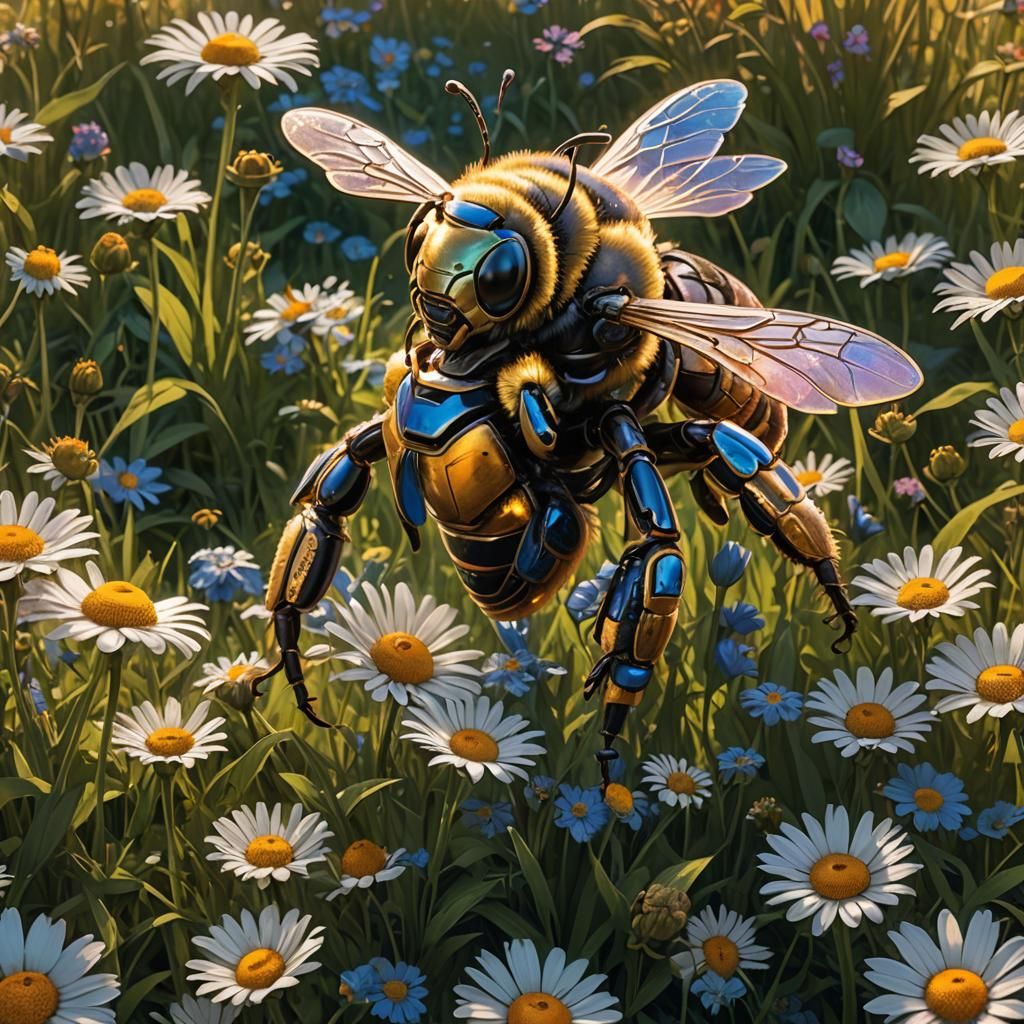 Armored Bee in Lush Meadow, Art Nouveau Style