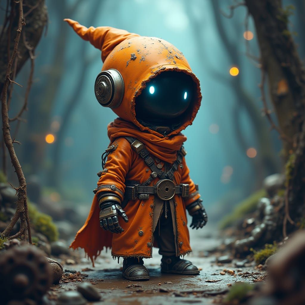 Chibi Robot Wizard in Disrepair, Fantasy Art