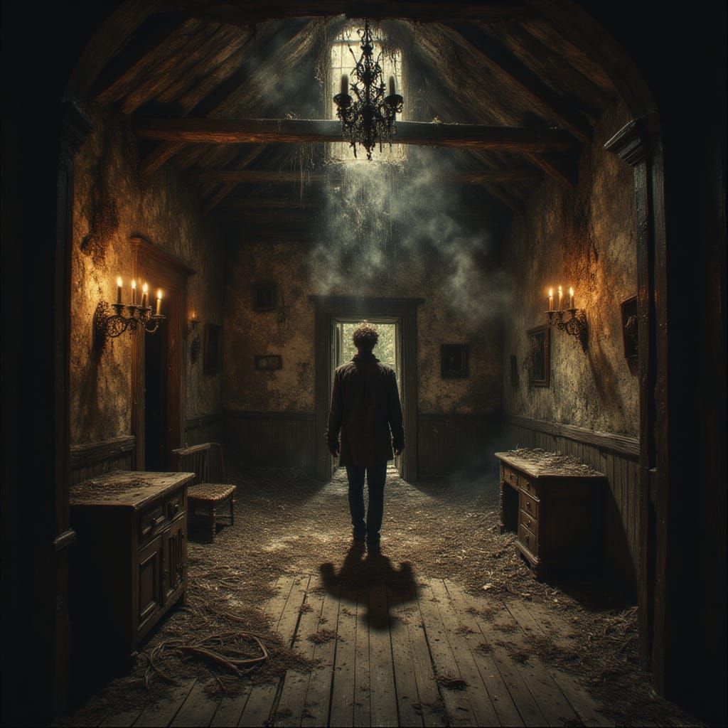 Dimly Lit Abandoned House with Dusty Furniture and Critters