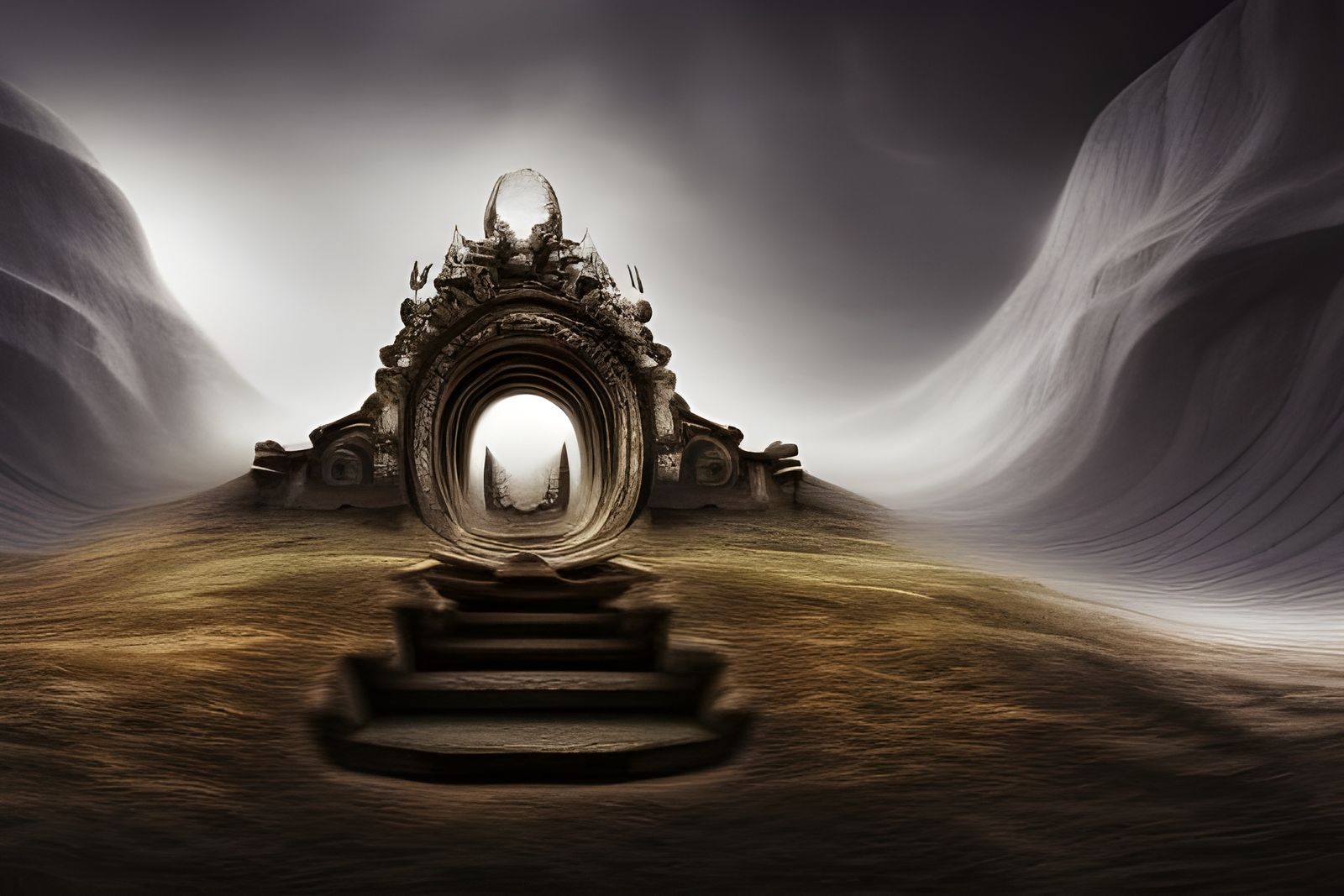 Interdimensional Portal in Mountain Temple Landscape